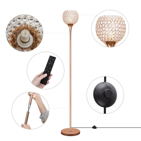 Crystal Floor Lamp In Rose Gold With Remote Control, Modern Standing Light For Living Room Or Bedroom, Includes Bulb, Slim Design, Quick Setup, Cozy Vibe And Ambient Glow To Elevate Any Space