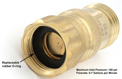 Brass water pressure regulator with replaceable rubber O-ring and hose-thread fitting; 140 psi max inlet.