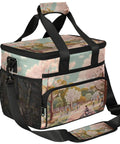 Insulated Picnic Backpack For Everyday Lunch On The Go With cherry blossom design and adjustable strap, side mesh pockets visible.