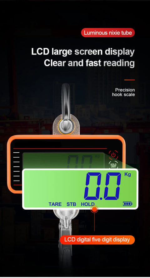 Digital Crane Scale With 3300 Lbs Capacity Heavy Duty Weighing Tool showing LCD large screen and hook for easy weight readings.