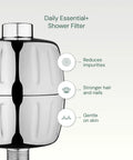 Heavy Duty Shower Filter With 30x Filtration Universal Multi Stage System Cuts Chlorine Chemicals Odors And Pharmaceuticals For Softer Skin And Hair Chrome Finish unit with benefits list in the background.
