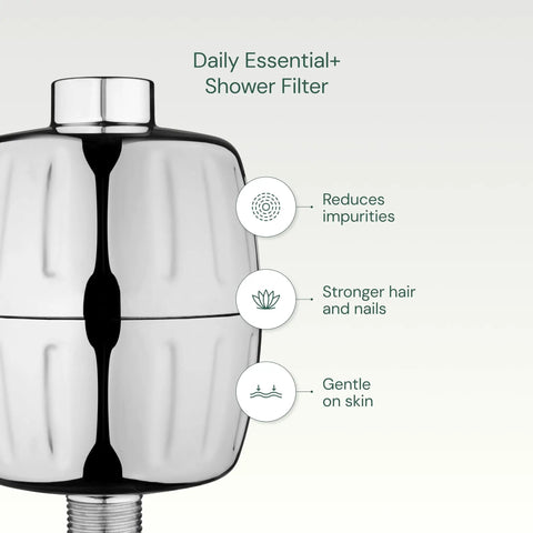 Heavy Duty Shower Filter With 30x Filtration Universal Multi Stage System Cuts Chlorine Chemicals Odors And Pharmaceuticals For Softer Skin And Hair Chrome Finish unit with benefits list in the background.