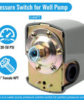 Well Pump Pressure Switch With Adjustable Differential 30 To 50 Psi, 1/4 Inch Female NPT Water Pump Control Switch With Low Pressure Cutoff