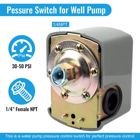 Well Pump Pressure Switch With Adjustable Differential 30 To 50 Psi, 1/4 Inch Female NPT Water Pump Control Switch With Low Pressure Cutoff