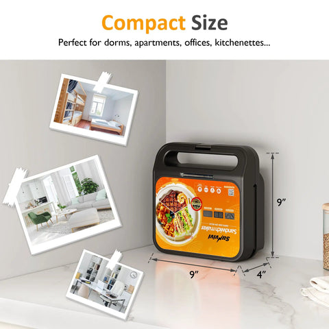 Super Awesome 3-In-1 Electric Sandwich Maker With Removable Nonstick Plates, 1000 Watts For Waffles Paninis And Eggs, Quick Easy Cooking In Sleek Black Finish, compact size displayed next to wall.