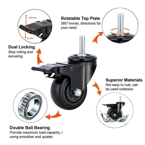 Heavy Duty 3 Inch Threaded Stem Casters Pack Of 4 With Dual Wheel Brakes showing dual locking mechanism and double ball bearing.
