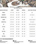 Men's Insulated Guardian Elite Front Zip Wader sizing chart with chest, waist, inseam, and boot size details.