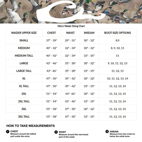 Men's Insulated Guardian Elite Front Zip Wader sizing chart with chest, waist, inseam, and boot size details.