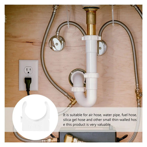 U Shape Pipe Clamp White PVC Hose Clips for Small Thin Wall Hoses Ideal for Air Water and Fuel Lines 50 Pcs DIY Mounting Clips Easy Install with Silicone Fixing Solution Included shown under a sink