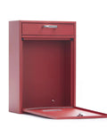 Wall Mounted Locking Vertical Dropbox Mailbox For Ultra Secure Mail Delivery In Durable Galvanized Steel Large Red With Full Open Bin Door And Two Keys For Easy Deposits And Magazine Drops, bin door open view