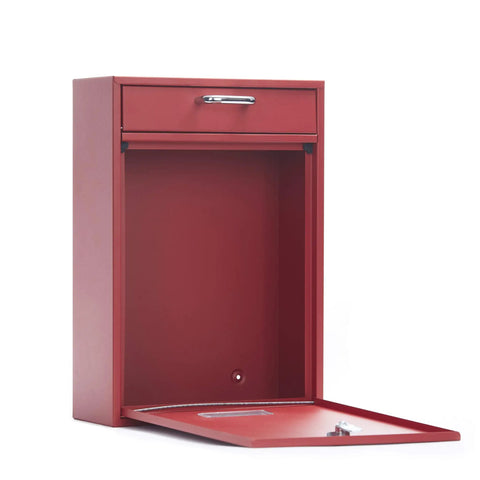 Wall Mounted Locking Vertical Dropbox Mailbox For Ultra Secure Mail Delivery In Durable Galvanized Steel Large Red With Full Open Bin Door And Two Keys For Easy Deposits And Magazine Drops, bin door open view