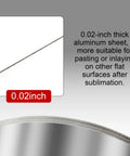Close-up of 0.02-inch round aluminum sheet detail for sublimation projects, emphasizing smooth surface and thickness comparison.