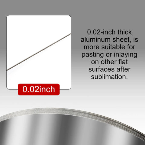 Close-up of 0.02-inch round aluminum sheet detail for sublimation projects, emphasizing smooth surface and thickness comparison.