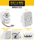 Replacement Refrigerator Evaporator Fan Motor WR60X31522 for GE and Hotpoint, front and back view with details