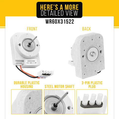Replacement Refrigerator Evaporator Fan Motor WR60X31522 for GE and Hotpoint, front and back view with details