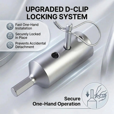 Heavy Duty Trailer Jack Drill Adapter Kit With A Rock Solid Zero Wobble Hex Socket For Dead Tight Torque And No Fuss RV Camper Hauler Maintenance, D-clip locking system, stainless steel, secure one-hand operation.
