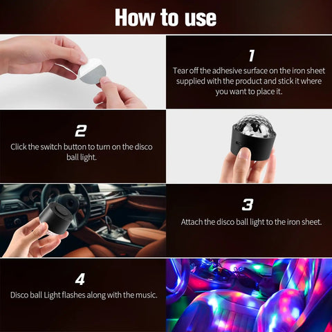 Steps to use Mini Disco Ball Light Rechargeable Party LED Lamp With Sound Activated Strobe DJ Mode in car interior.