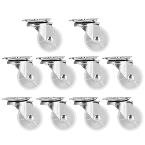 Rcniso 10 Pack White PP Universal Casters Wheels with smooth ball bearings, 360-degree rotation for furniture mobility.