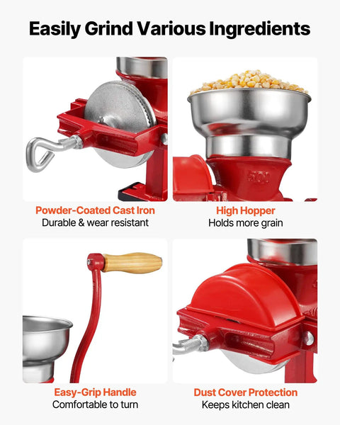 Manual Grain Mill With Low Hopper Hand Crank Cast Iron Grinder For Wheat Grains Spices Coffee Beans And Nuts Heavy Duty Table Clamp Dust Cover Non Electric Milling For Fresh Flavor At Home showing powder-coated cast iron body and high hopper.