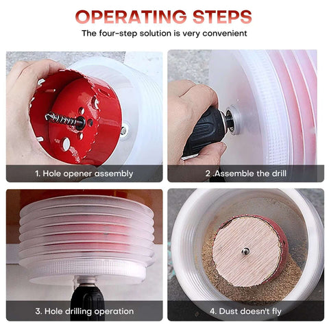 4-inch recessed-light hole saw with dust bowl catcher; red bi-metal cutter shown attached to a drill