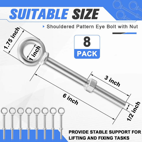 Eight Pack Shouldered Pattern Eye Bolts With Nuts Hot Dip Galvanized Industrial Heavy Duty For Lifting Anchoring