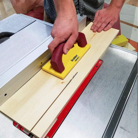 Pushblock for Table Saws and Router Tables with Diamond Grip and Non Marring Rubber Bottom Ergonomic Comfort Handle in use