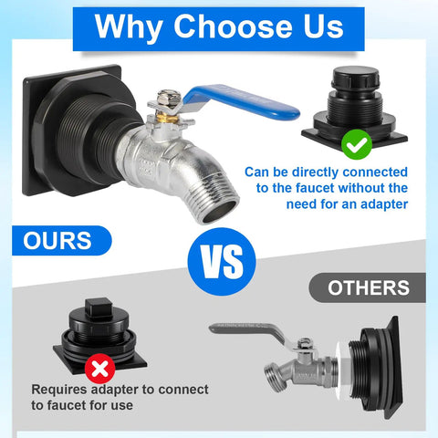 Comparison of Stock Tank Drain Plug Kit Compatible With Popular Rubbermaid Stock Tanks and standard drain plug with faucet adapter
