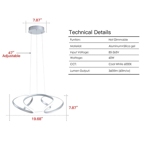 Technical details of Modern LED Pendant Light With Irregular Ring Design, Contemporary Chandelier For Dining Room, Silver Finish.