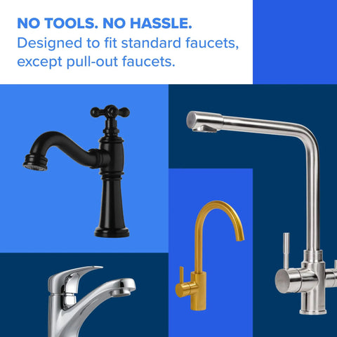 Various standard faucets compatible with Faucet Mount Water Filter System No Fuss No Wait Easy Install For Kitchen And Bath Tap Water.