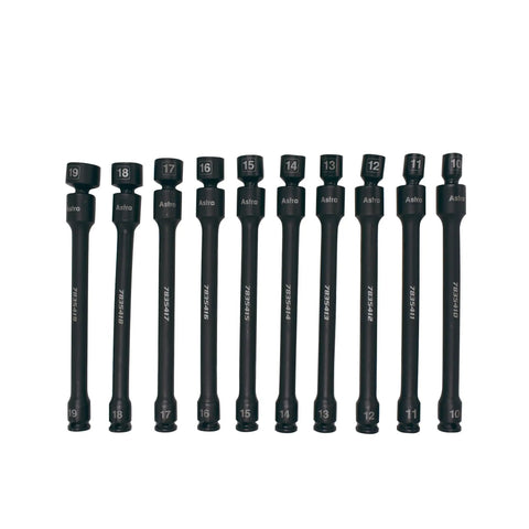 Ten-Piece 3/8 Inch Drive Pinless Universal Torque-Saver Impact Extension Socket Set Metric 9 Inch Long 6-Point 10mm To 19mm