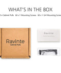 Unopened Ravinte box with contents: 30 kitchen square cabinet handles, mounting screws, and customer service card.