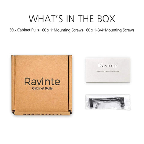 Unopened Ravinte box with contents: 30 kitchen square cabinet handles, mounting screws, and customer service card.