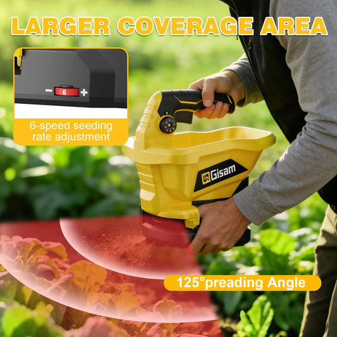 Man holding Cordless Seed Spreader For Lawns With Dual 4000mAh Batteries 6 Speed Settings And 8 Planting Options