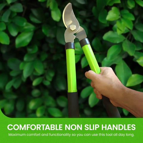 Hands gripping Bypass Loppers 15 Inch Beefy Heavy Duty Garden Pruner with comfort handles against greenery backdrop
