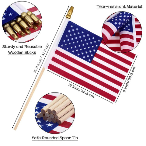 Close-up of an 8x12 inch American flag on a solid wooden pole with a safety spear tip, part of 50 Pack 8x12 Inch American Flags On Sticks