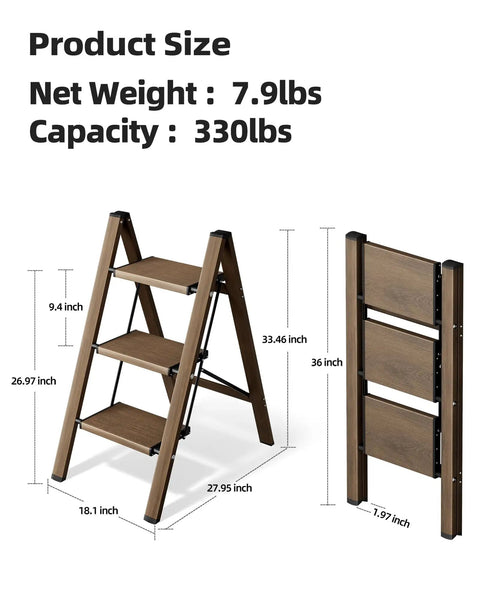 Three Step Foldable Aluminum Stool Ladder For Home Use Go To Lightweight Space Saving Step Stool With Easy Open Close Ideal For Reaching High Cabinets Ceilings Kitchens Garages And Laundry Rooms, 33.46x18.1x27.95 in