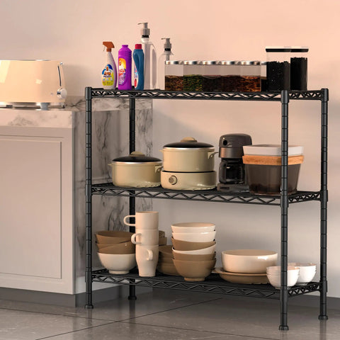 Beefy 3 Shelf Adjustable Metal Storage Rack 36 Inch Wide 14 Inch Deep 35.8 Inch High Wire Organizer For Laundry Bathroom Kitchen Pantry Closet Garage Black Supports Up To 350 Lb Per Shelf with kitchen dishes and cleaners
