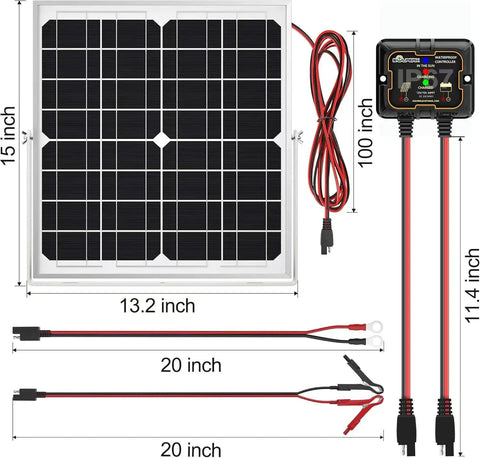 20W Waterproof Solar Panel Kit With MPPT Controller, Trickle Charger And Battery Maintainer dimensions and cables shown