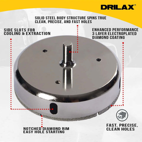 Front view of DRILAX 4-1/2 in diamond hole saw with guide; chrome metal body.