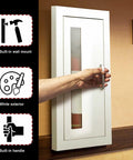 Semi Recessed Fire Extinguisher Cabinet For 10 Pound Dry Chemical Extinguisher Unit Industrial Wall Mount Box with Handle Door White Finish 4 Inch Wall Depth Easy Install Built In Mounting Quick Access Fits Extinguishers Up To 24 Inches High installed on wall with handle being used