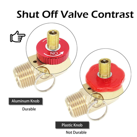 Comparison of shut off valve knobs: aluminum durable knob on left, plastic less durable knob on right, showcasing switches.