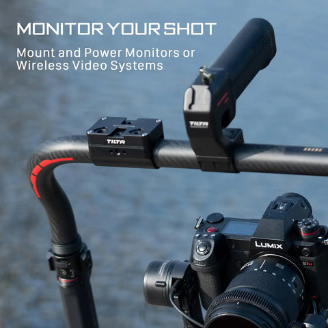 Pro Ring Grip Power Hub for DJI RS2 RS4 RS5 rig with camera mount and power outputs on a shooting setup.