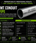 Heavy Duty Galvanized Steel Emt Conduit Pipe 3 Inch Diameter X 4 Ft Length with key features for electrical wire raceway.