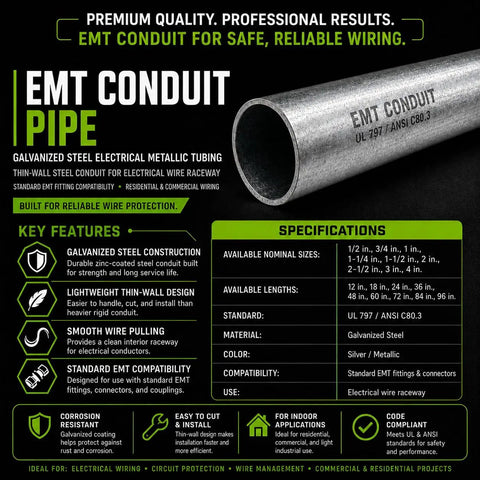 Heavy Duty Galvanized Steel Emt Conduit Pipe 3 Inch Diameter X 4 Ft Length with key features for electrical wire raceway.