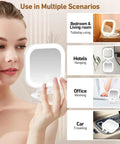 Woman using On The Go Travel Mirror With Light Portable Compact Magnifying Mirror 1x To 30x in various scenarios.