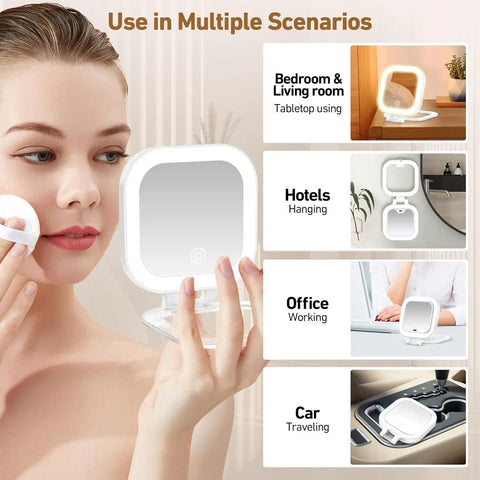 Woman using On The Go Travel Mirror With Light Portable Compact Magnifying Mirror 1x To 30x in various scenarios.