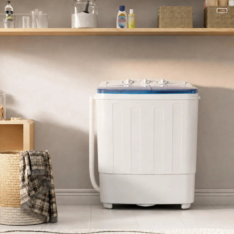 Gotta Love This Ultra Compact Portable Twin Tub Washer Straight Up Silver Ion Deep Clean 18 Pound Laundry Spinner Combo Built For Dorms Apartments And Rv Homes Easy Setup Blue in a small laundry space.