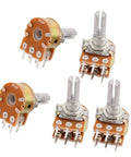 Five Pack 50K Ohm Potentiometers With Split Shaft 6 Pins Linear Rotary Dual Taper Knurled Shaft Top Adjustment 6mm Shaft Diameter