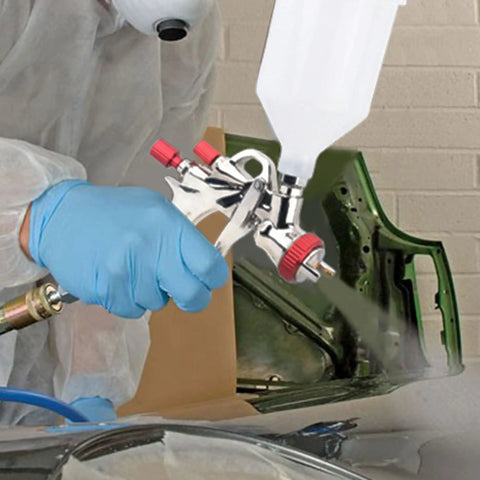 Person using R700 LVLP Air Spray Gun With 1.8mm Nozzle Gravity Feed Paint Sprayer 600cc Plastic Cup on auto body