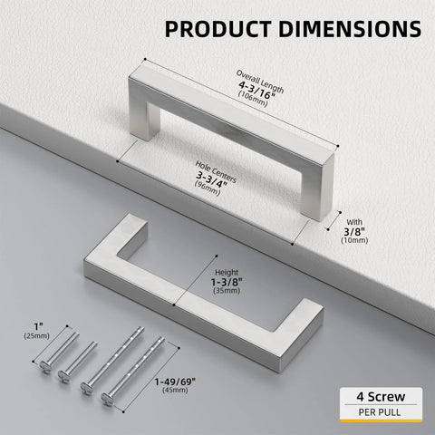 Product dimensions of Brushed Nickel Cabinet Pulls Set Of 30 3-3/4 Inch Square Drawer Handles, shown with included screws.